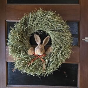 Green Grass Easter Bunny Wreath with Orange Bow - Home Holiday Decor